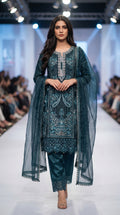 Teal Organza 3-Piece Suit | Heavy Handwork Embroidery | Sequence & Resham Work | Pakistani Luxury Formal Dress