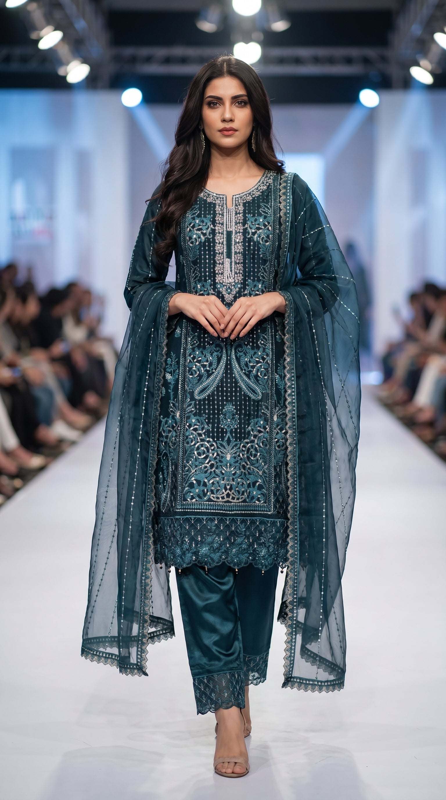 Teal Organza 3-Piece Suit | Heavy Handwork Embroidery | Sequence & Resham Work | Pakistani Luxury Formal Dress